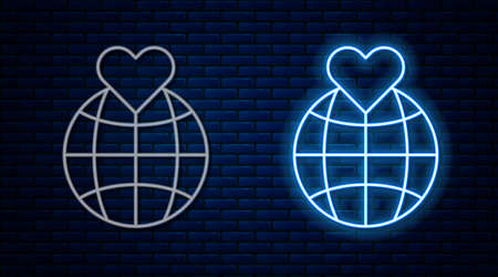 Glowing neon line Human hand holding Earth globe icon isolated on brick wall background. Save earth concept. Vectorのイラスト素材