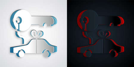 Paper cut Car gift icon isolated on grey and black background. Car key prize. Paper art style. Vectorのイラスト素材