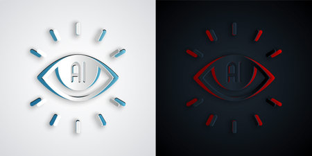 Paper cut Artificial intelligence AI icon isolated on grey and black background. Machine learning,...