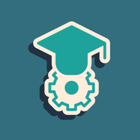 Green Graduation cap icon isolated on green background. Graduation hat with tassel icon. Long shadow style. Vectorのイラスト素材