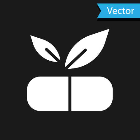 White Medical pill with plant icon isolated on black background. Herbal pill. Vectorのイラスト素材