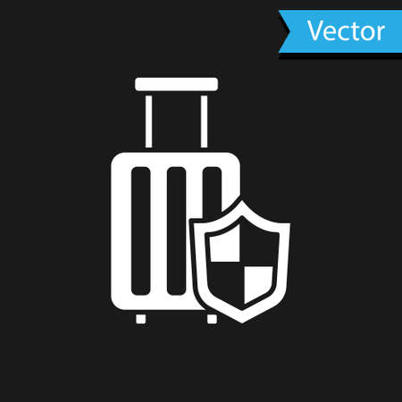 White Travel suitcase with shield icon isolated on black background. Traveling baggage insurance. Security, safety, protection, protect concept. Vector.のイラスト素材