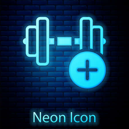 Glowing neon Dumbbell icon isolated on brick wall background. Muscle lifting, fitness barbell, sports equipment. Vectorのイラスト素材