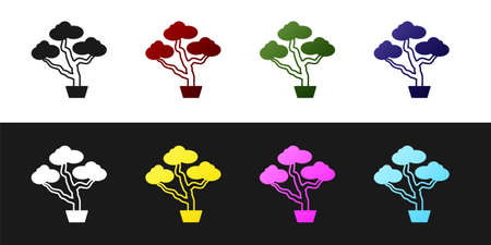 Set Japanese bonsai tree icon isolated on black and white background. Japanese culture, horticulture, olericulture hobby concept. Vectorのイラスト素材