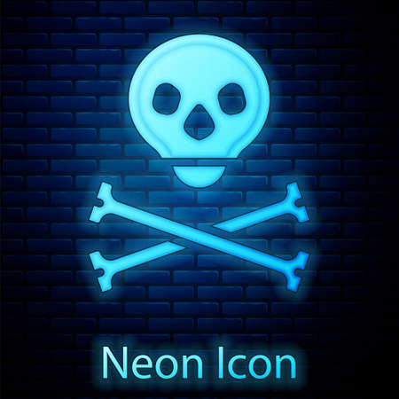 Glowing neon Skull on crossbones icon isolated on brick wall background. Happy Halloween party. Vectorのイラスト素材