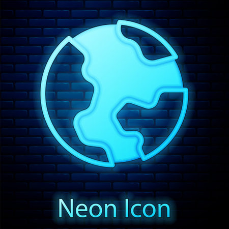 Glowing neon Earth globe icon isolated on brick wall background. World or Earth sign. Global internet symbol. Geometric shapes. Vectorのイラスト素材