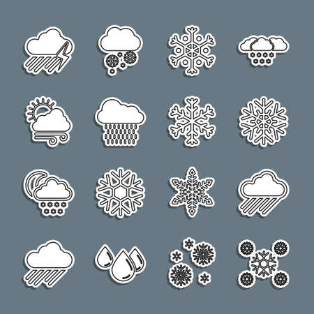 Set line Snow, Cloud with rain, Snowflake, Windy weather, and lightning and icon. Vectorのイラスト素材