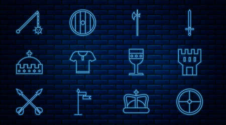 Set line Round wooden shield, Castle tower, Medieval halberd, Body armor, King crown, chained mace ball, goblet and icon. Vectorのイラスト素材