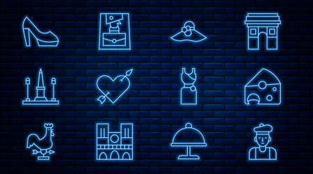 Set line French man, Cheese, Elegant women hat, Amour with heart and arrow, Place De La Concorde, Woman shoe, dress and Handbag icon. Vectorのイラスト素材