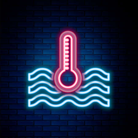 Glowing neon line Water thermometer measuring heat and cold icon isolated on brick wall background. Thermometer equipment showing hot or cold weather. Colorful outline concept. Vectorのイラスト素材