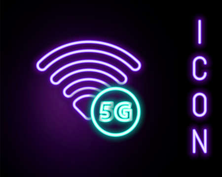 Glowing neon line 5G new wireless internet wifi connection icon isolated on black background. Global network high speed connection data rate technology. Colorful outline concept. Vectorのイラスト素材