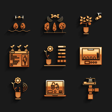 Set Flower status, Laptop application for smart farm, Automatic irrigation sprinklers, Incubator eggs, Smart farming technology, and with drone icon. Vectorのイラスト素材