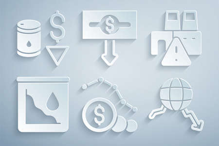 Set Dollar rate decrease, Shutdown of factory, Drop in crude oil price, Global economic crisis, and icon. Vectorのイラスト素材