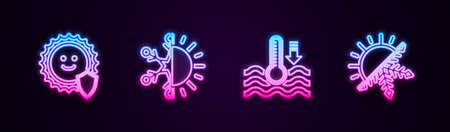 Set line UV protection, Sun and snowflake, Water thermometer and . Glowing neon icon. Vectorのイラスト素材