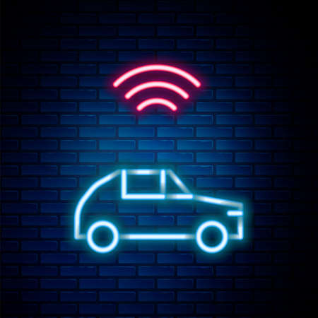 Glowing neon line Smart car system with wireless connection icon isolated on brick wall background. Colorful outline concept. Vectorのイラスト素材