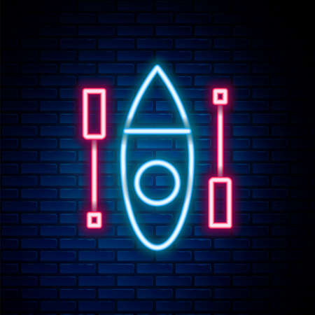 Glowing neon line Kayak and paddle icon isolated on brick wall background. Kayak and canoe for fishing and tourism. Outdoor activities. Colorful outline concept. Vectorのイラスト素材