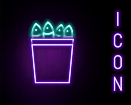 Glowing neon line Fishing bucket with fishes icon isolated on black background. Fish in a bucket. Colorful outline concept. Vectorのイラスト素材