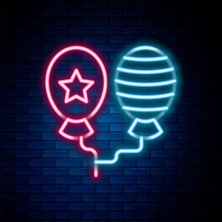 Glowing neon line Balloons with ribbon icon isolated on brick wall background. Happy Easter. Colorful outline concept. Vectorのイラスト素材