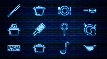 Set line Kitchen colander, Washing dishes, Plate, fork knife, Grater, Cooking pot, Knife, Frying pan and icon. Vectorのイラスト素材
