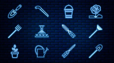 Set line Garden shovel, rake for leaves, Bucket, Automatic irrigation sprinklers, pitchfork, trowel spade, Gardening handmade scissor and saw icon. Vectorのイラスト素材