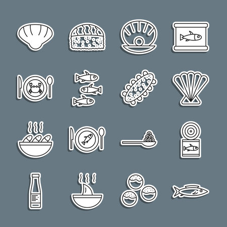Set Line Fish Canned Fish Scallop Sea Shell Shell With Pearl Fishes Served Crab On Plate And Sea Cucumber Icon Vectorのイラスト素材 イメージマート