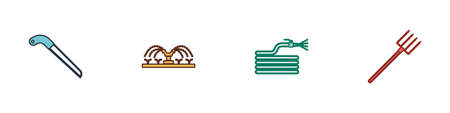 Set Garden saw, Automatic irrigation sprinklers, hose or fire hose and pitchfork icon. Vectorのイラスト素材