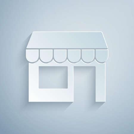Paper cut Shopping building or market store icon isolated on grey background. Shop construction. Paper art style. Vectorのイラスト素材