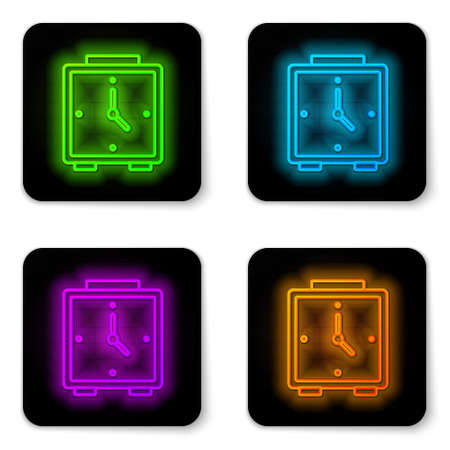Glowing neon line Alarm clock icon isolated on white background. Wake up, get up concept. Time sign. Black square button. Vectorのイラスト素材