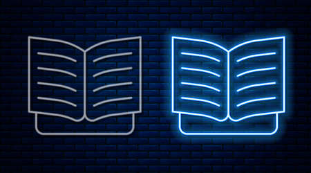 Glowing neon line Open book icon isolated on brick wall background. Vectorのイラスト素材