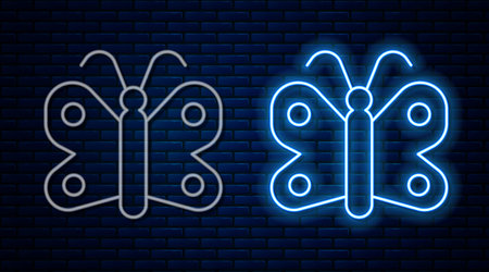 Glowing neon line Butterfly icon isolated on brick wall background. Vectorのイラスト素材