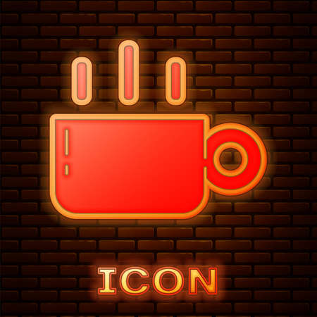 Glowing neon Coffee cup icon isolated on brick wall background. Tea cup. Hot drink coffee. Vectorのイラスト素材