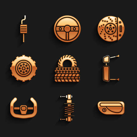Set Car tire, Shock absorber, door handle, Truck side mirror, Sport steering wheel, brake disk with caliper and muffler icon. Vectorのイラスト素材
