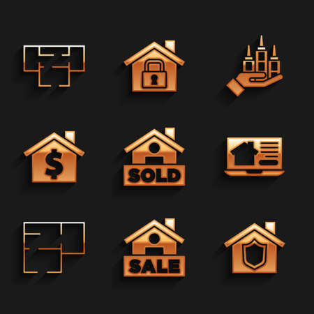 Set Hanging sign with text Sold, Sale, House shield, Online real estate house, plan, dollar symbol, Skyscraper and icon. Vectorのイラスト素材
