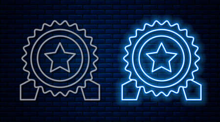 Glowing neon line Medal with star icon isolated on brick wall background. Winner achievement sign. Award medal. Vectorのイラスト素材
