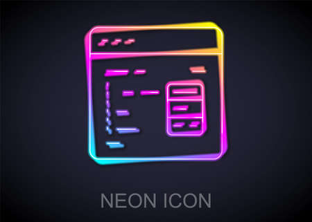 Glowing neon line Software, web developer programming code icon isolated on black background. Javascript computer script random parts of program code. Vectorのイラスト素材