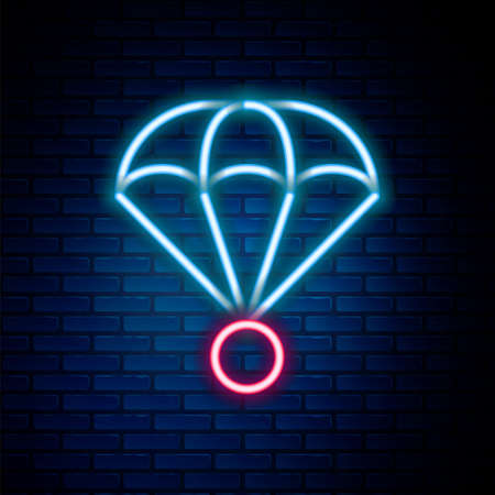 Glowing neon line Parachute icon isolated on brick wall background. Extreme sport. Sport equipment. Colorful outline concept. Vectorのイラスト素材