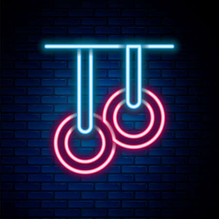 Glowing neon line Gymnastic rings icon isolated on brick wall background. Playground equipment with hanging rope with rings. Colorful outline concept. Vectorのイラスト素材