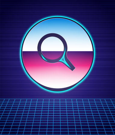 Retro style Magnifying glass icon isolated futuristic landscape background. Search, focus, zoom, business symbol. 80s fashion party. Vectorのイラスト素材