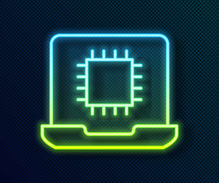 Glowing neon line Computer processor with microcircuits CPU icon isolated on black background. Chip or cpu with circuit board. Micro processor. Vectorのイラスト素材