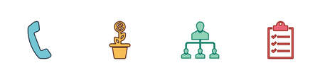 Set Telephone handset, Dollar plant in the pot, Referral marketing and Clipboard with checklist icon. Vectorのイラスト素材