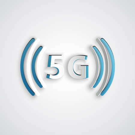 Paper cut 5G new wireless internet wifi connection icon isolated on grey background. Global network...