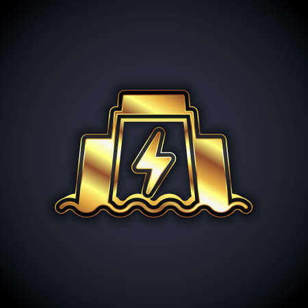 Gold Hydroelectric dam icon isolated on black background. Water energy plant. Hydropower. Hydroelectricity. Vectorのイラスト素材