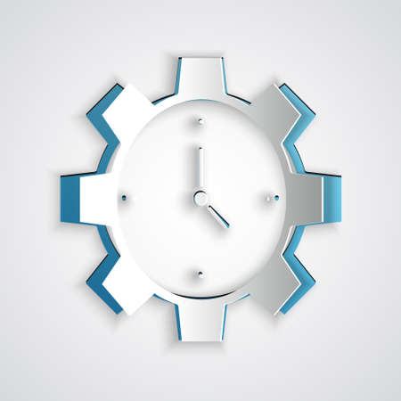 Paper cut Time Management icon isolated on grey background. Clock and gear sign. Productivity...