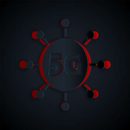 Paper cut 5G new wireless internet wifi connection icon isolated on black background. Global network high speed connection data rate technology. Paper art style. Vectorのイラスト素材