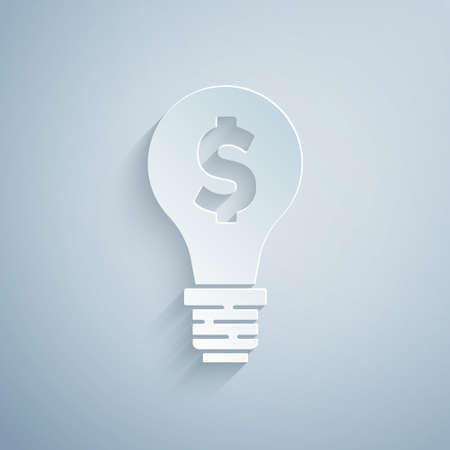 Paper cut Light bulb with dollar symbol icon isolated on grey background. Money making ideas. Fintech innovation concept. Paper art style. Vectorのイラスト素材