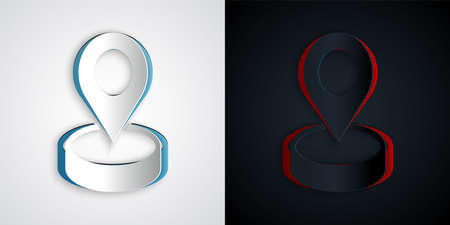 Paper cut Map pin icon isolated on grey and black background. Navigation, pointer, location, map, gps, direction, place, compass, search concept. Paper art style. Vectorのイラスト素材