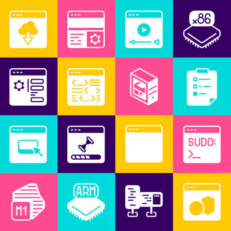 Set Software, Code terminal, Clipboard with checklist, Online play video, Browser setting, Cloud technology data transfer and Computer icon. Vectorのイラスト素材