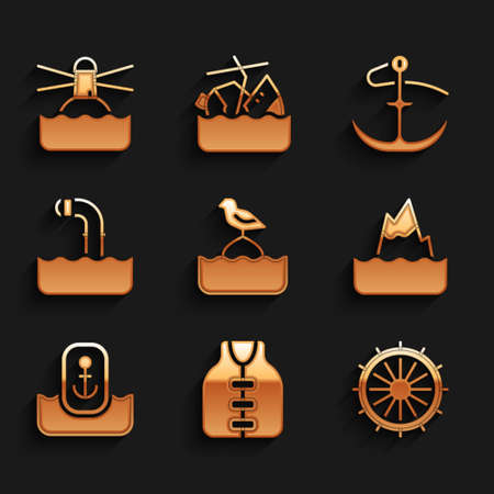 Set Seagull sits on a buoy, Life jacket, Ship steering wheel, Iceberg, Location with anchor, Periscope, Anchor and Lighthouse icon. Vectorのイラスト素材