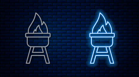 Glowing neon line Barbecue grill icon isolated on brick wall background. BBQ grill party. Vectorのイラスト素材