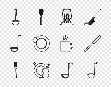 Set line Fork, Kitchen ladle, Grater, Washing dishes, and Knife icon. Vectorのイラスト素材